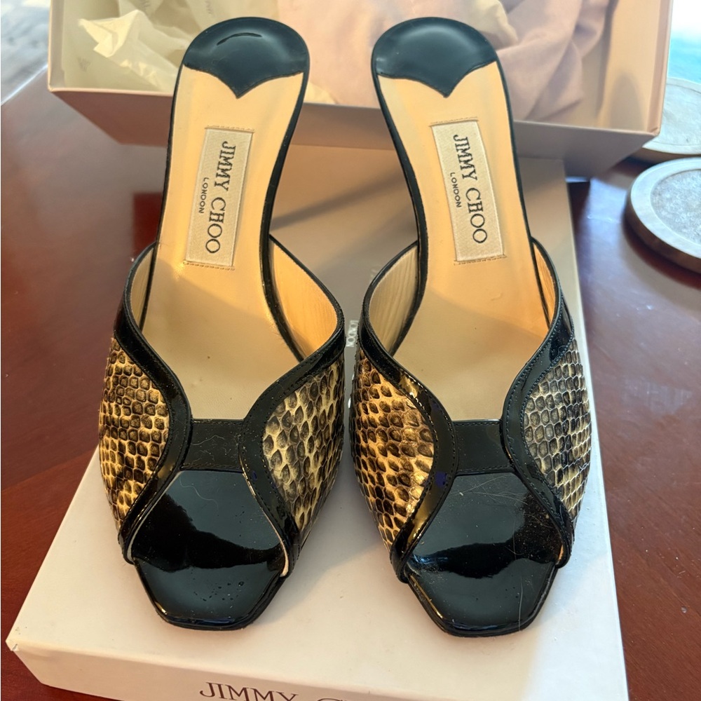 Jimmy Choo Black and Gold Mules with Peep-Toe Design
